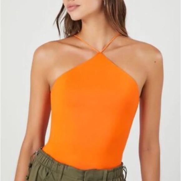 Forever 21 orange halter strap / triangle neckline contour bodysuit - Picture 3 of 8